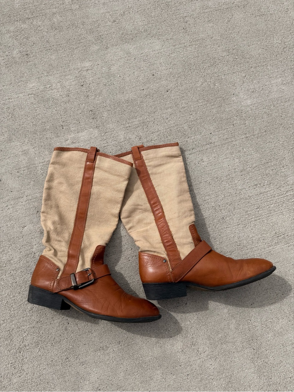 Zara Tan Leather & Cream Canvas Lace-Up Mid-Calf Boots